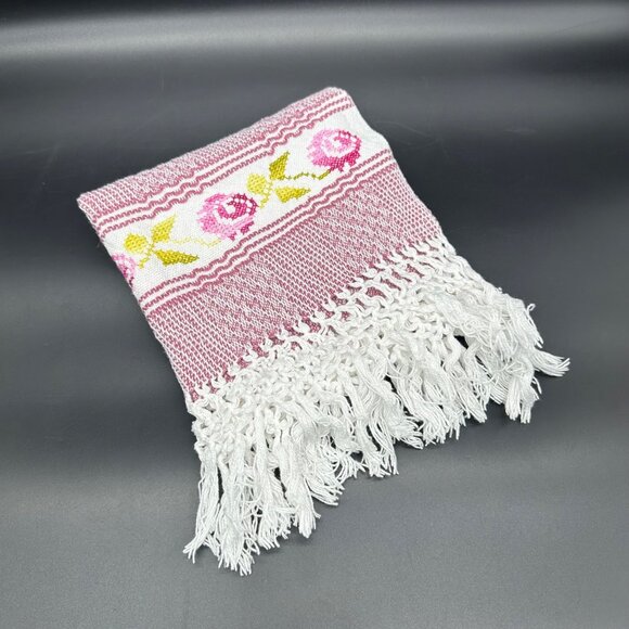 Woven Table Runner Cross Stitch Rose Flowers Fringe Cottagecore Pink White - Picture 1 of 7